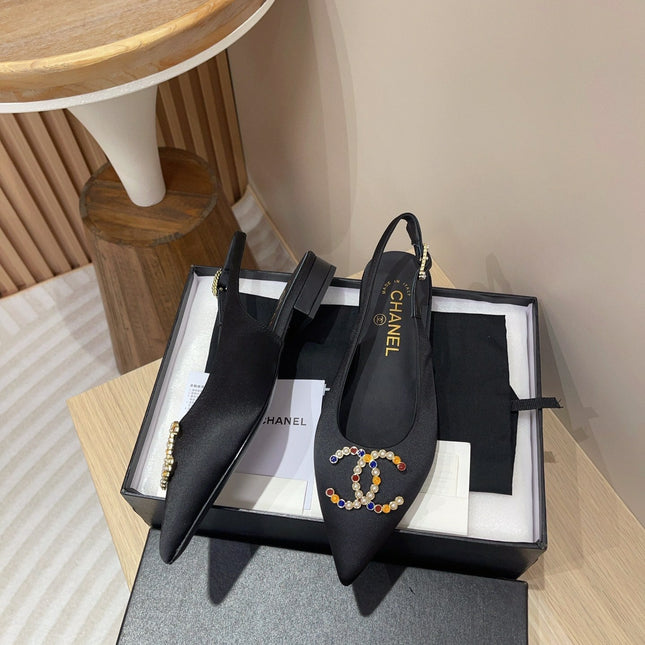 CC SLINGBACKS BLACK SATIN AND LAMBSKIN