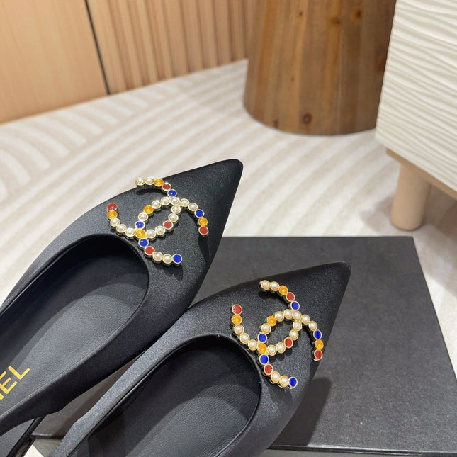 CC SLINGBACKS BLACK SATIN AND LAMBSKIN