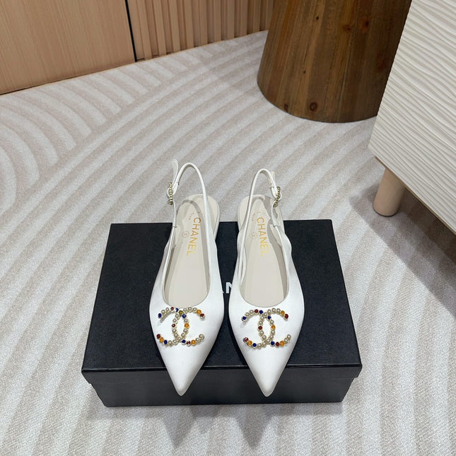CC SLINGBACKS WHITE SATIN AND LAMBSKIN