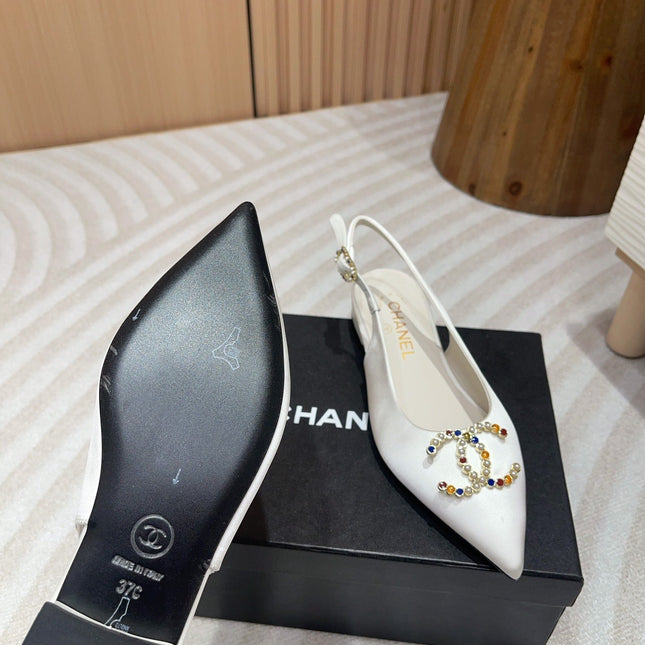 CC SLINGBACKS WHITE SATIN AND LAMBSKIN