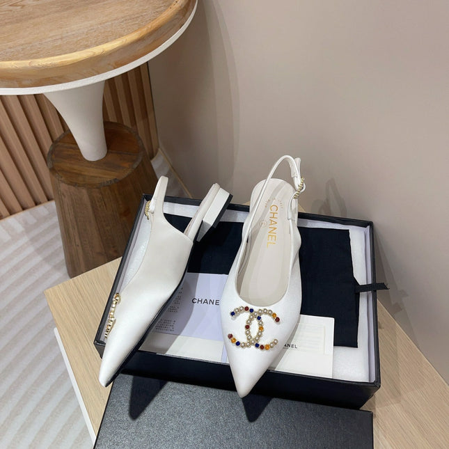 CC SLINGBACKS WHITE SATIN AND LAMBSKIN