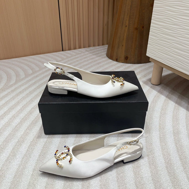 CC SLINGBACKS WHITE SATIN AND LAMBSKIN