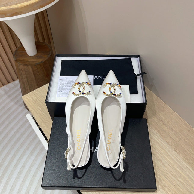 CC SLINGBACKS WHITE SATIN AND LAMBSKIN