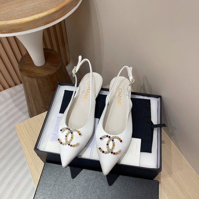 CC SLINGBACKS WHITE SATIN AND LAMBSKIN