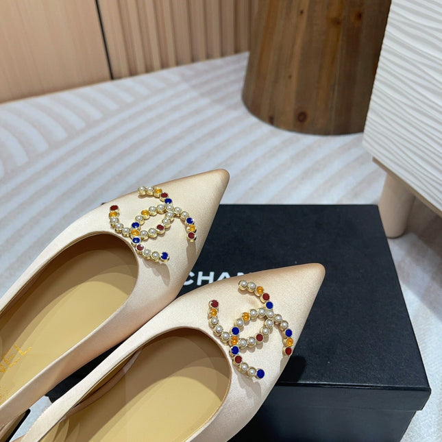 CC SLINGBACKS BEIGE CREAM SATIN AND LAMBSKIN
