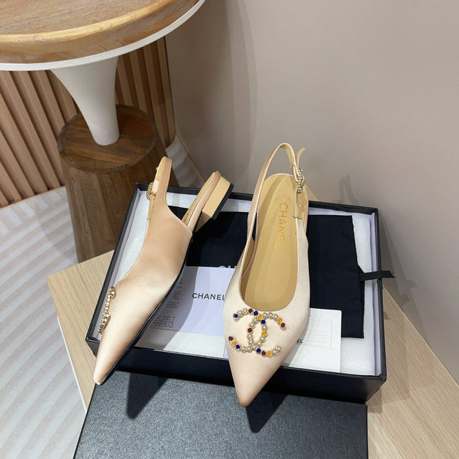CC SLINGBACKS BEIGE CREAM SATIN AND LAMBSKIN