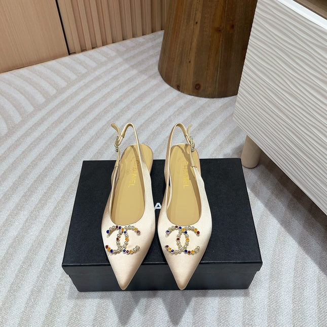 CC SLINGBACKS BEIGE CREAM SATIN AND LAMBSKIN