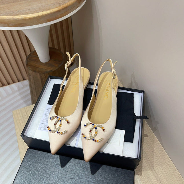 CC SLINGBACKS BEIGE CREAM SATIN AND LAMBSKIN