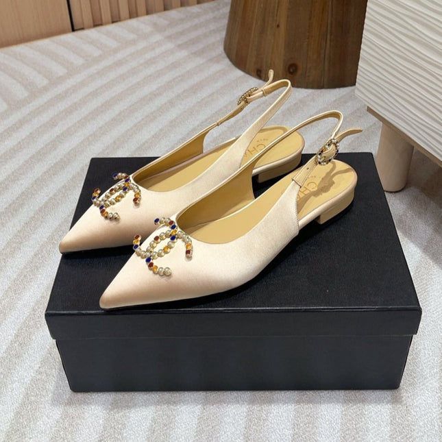 CC SLINGBACKS BEIGE CREAM SATIN AND LAMBSKIN