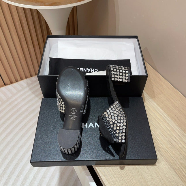 CC HIGH HEEL BLACK SATIN WITH WHITE RHINESTONES