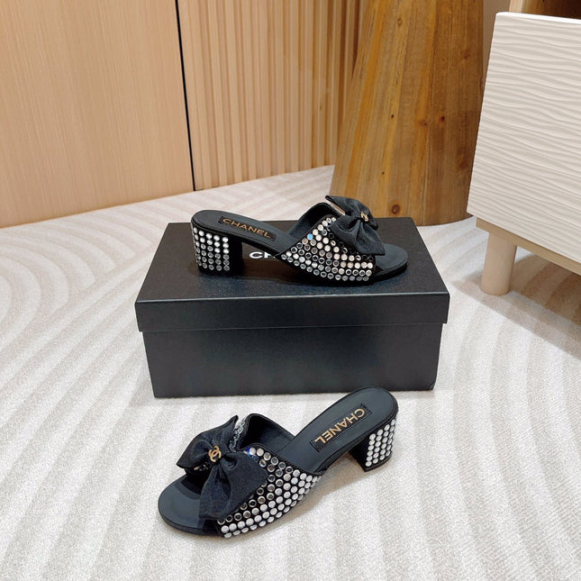 CC HIGH HEEL BLACK SATIN WITH WHITE RHINESTONES