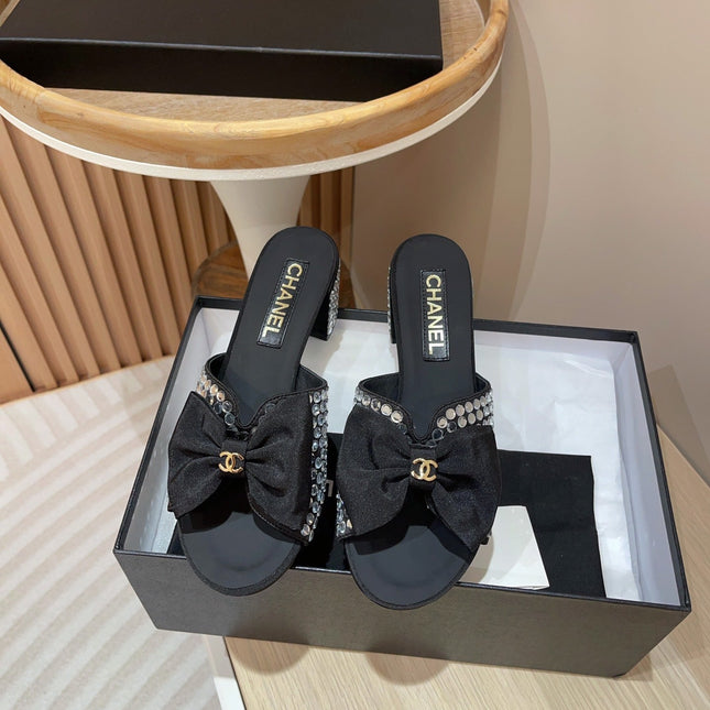 CC HIGH HEEL BLACK SATIN WITH WHITE RHINESTONES