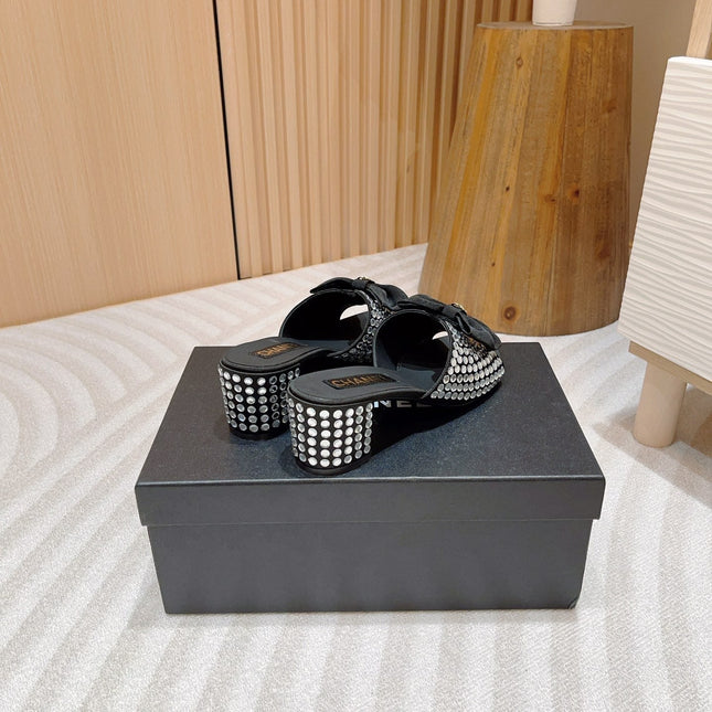 CC HIGH HEEL BLACK SATIN WITH WHITE RHINESTONES