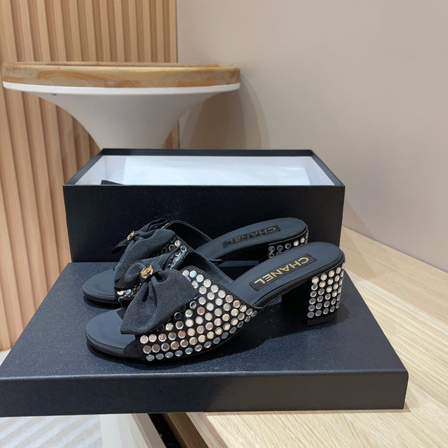 CC HIGH HEEL BLACK SATIN WITH WHITE RHINESTONES