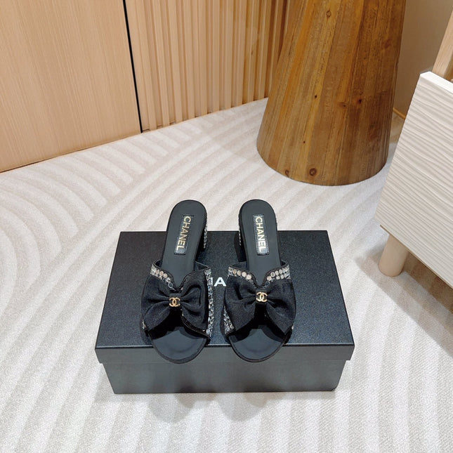 CC HIGH HEEL BLACK SATIN WITH WHITE RHINESTONES