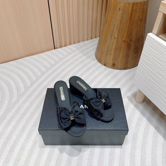 CC HIGH HEEL BLACK SATIN WITH RHINESTONES