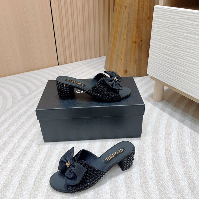 CC HIGH HEEL BLACK SATIN WITH RHINESTONES