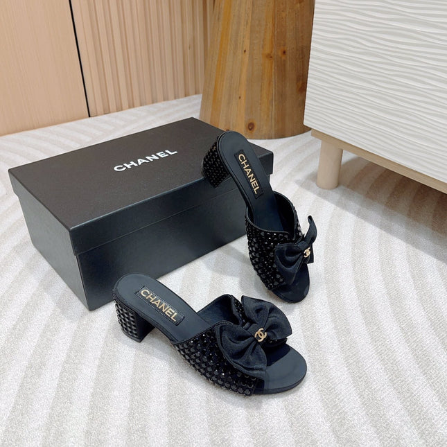 CC HIGH HEEL BLACK SATIN WITH RHINESTONES