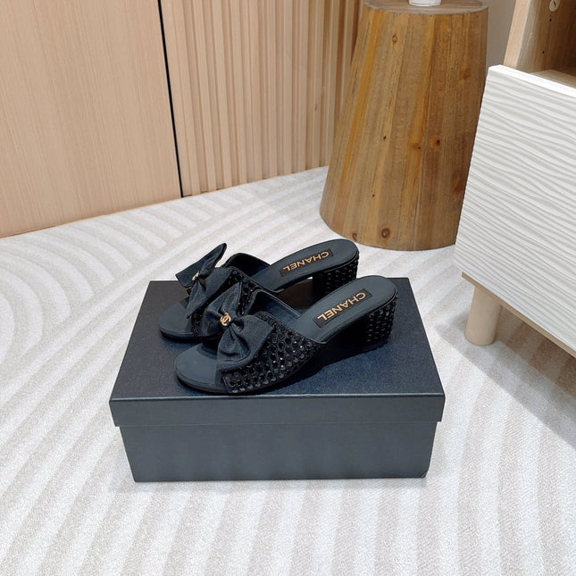 CC HIGH HEEL BLACK SATIN WITH RHINESTONES