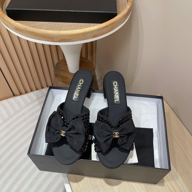 CC HIGH HEEL BLACK SATIN WITH RHINESTONES