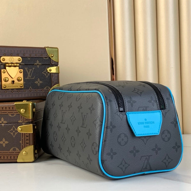 DOPP KIT 28 IN GUN METAL MONOGRAM ECLIPSE CANVAS AND TURQUOISE CALFSKIN TRIM