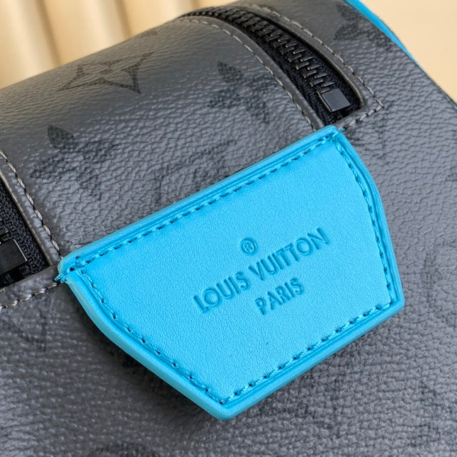 DOPP KIT 28 IN GUN METAL MONOGRAM ECLIPSE CANVAS AND TURQUOISE CALFSKIN TRIM