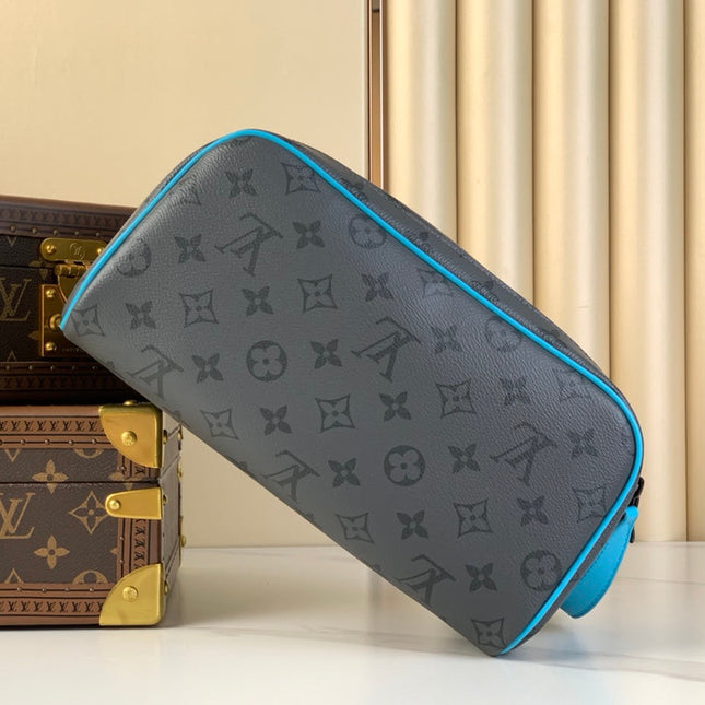 DOPP KIT 28 IN GUN METAL MONOGRAM ECLIPSE CANVAS AND TURQUOISE CALFSKIN TRIM