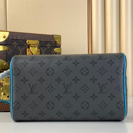 DOPP KIT 28 IN GUN METAL MONOGRAM ECLIPSE CANVAS AND TURQUOISE CALFSKIN TRIM