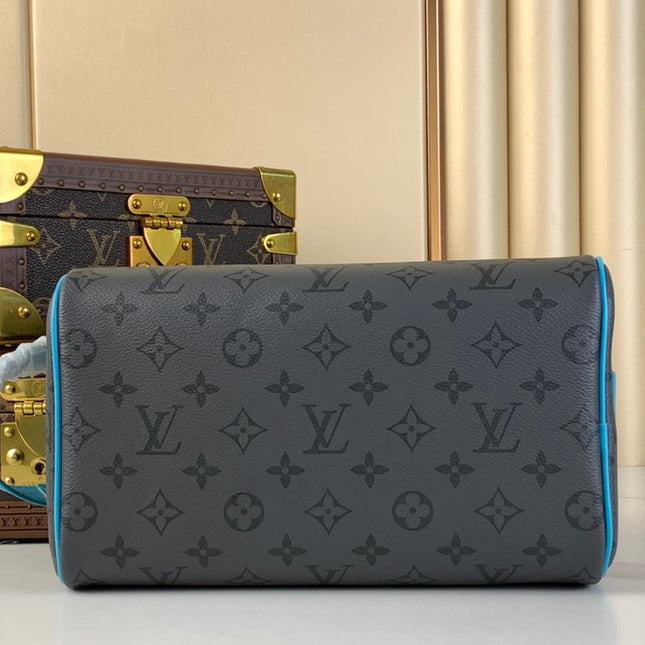 DOPP KIT 28 IN GUN METAL MONOGRAM ECLIPSE CANVAS AND TURQUOISE CALFSKIN TRIM