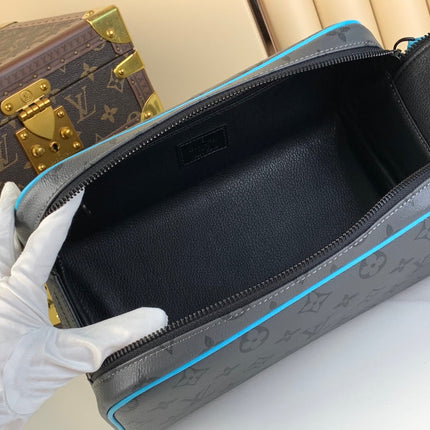 DOPP KIT 28 IN GUN METAL MONOGRAM ECLIPSE CANVAS AND TURQUOISE CALFSKIN TRIM