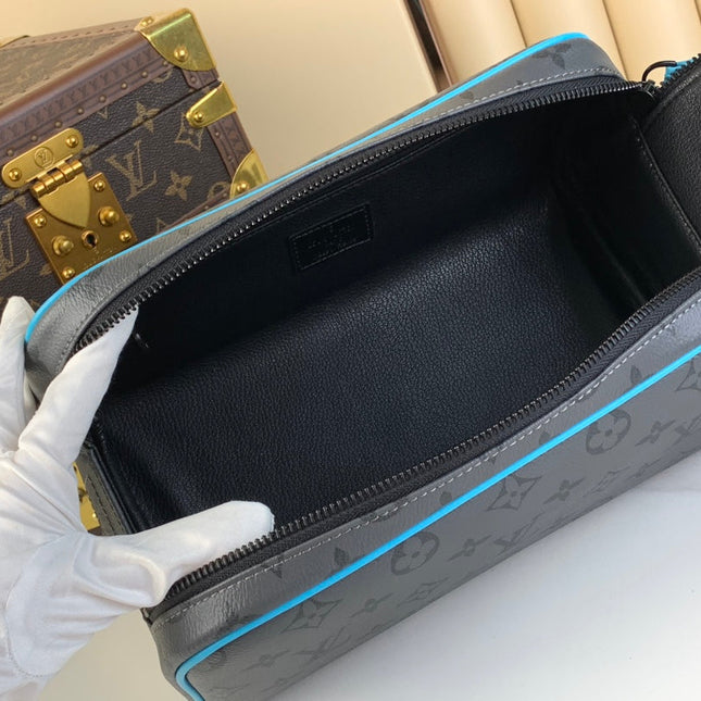 DOPP KIT 28 IN GUN METAL MONOGRAM ECLIPSE CANVAS AND TURQUOISE CALFSKIN TRIM