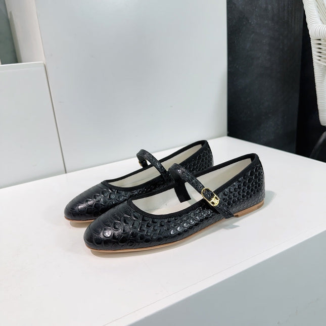 BALLET FLAT IN BLACK EMBOSSED CALFSKIN