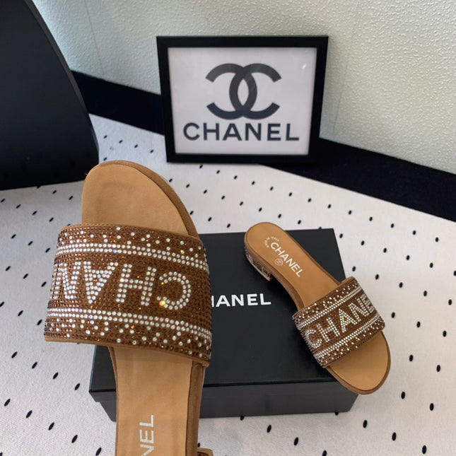 CC RHINESTONE LETTER SLIPPERS CINNAMON BROWN LAMBSKIN