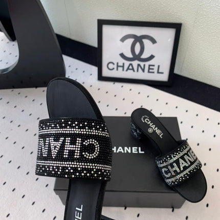 CC RHINESTONE LETTER HIGH HEELS BLACK AND WHITE LAMBSKIN