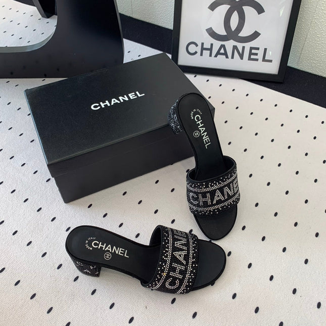 CC RHINESTONE LETTER HIGH HEELS BLACK AND WHITE LAMBSKIN