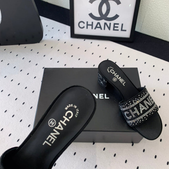 CC RHINESTONE LETTER HIGH HEELS BLACK AND WHITE LAMBSKIN