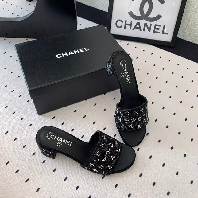 RHINESTONE LETTER HIGH HEELS BLACK LAMBSKIN