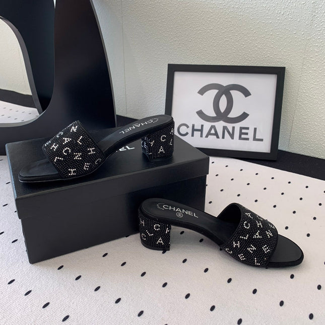 RHINESTONE LETTER HIGH HEELS BLACK LAMBSKIN