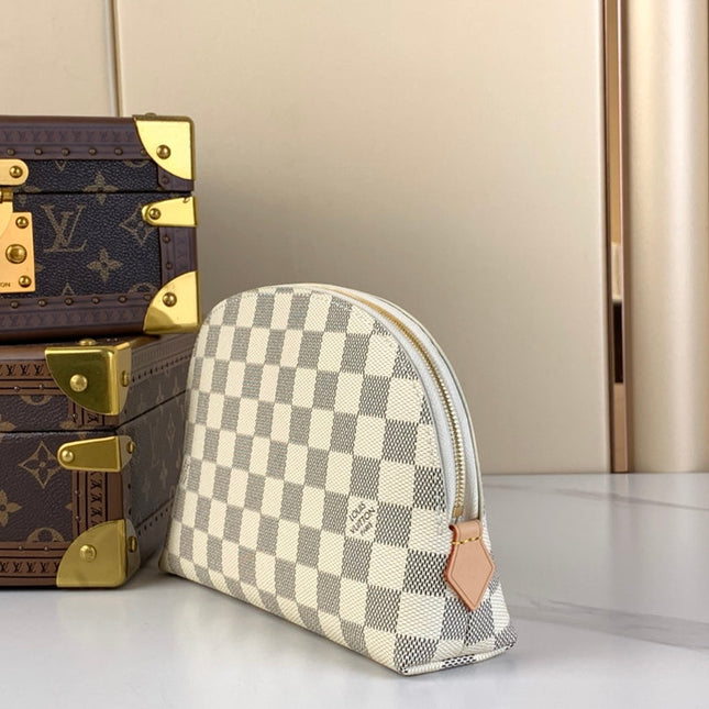 COSMETIC POUCH 22 IN WHITE GRAY DAMIER AZUR CANVAS