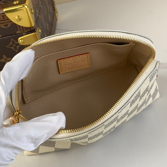 COSMETIC POUCH PM 19 IN WHITE GRAY DAMIER AZUR CANVAS