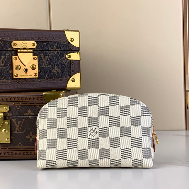 COSMETIC POUCH PM 19 IN WHITE GRAY DAMIER AZUR CANVAS