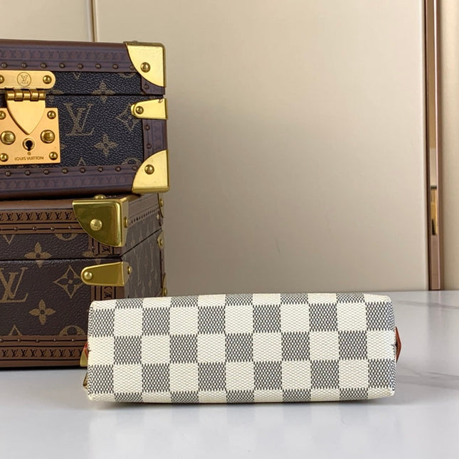 COSMETIC POUCH PM 19 IN WHITE GRAY DAMIER AZUR CANVAS