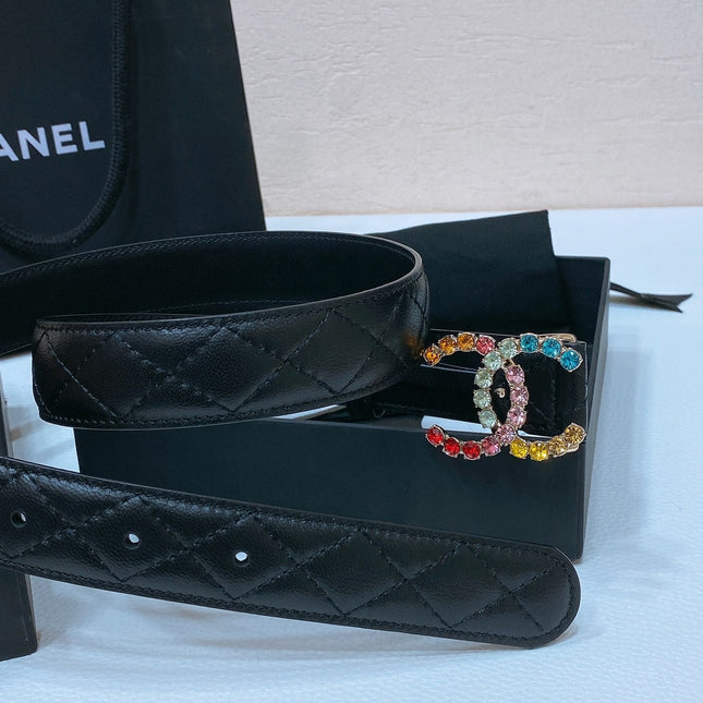 CC BELT 30 MM IN BLACK EMBROIDERED CALFSKIN WITH COLORFUL RHINSTONES METAL LOGO
