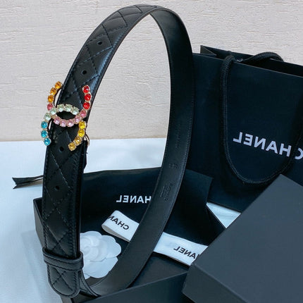 CC BELT 30 MM IN BLACK EMBROIDERED CALFSKIN WITH COLORFUL RHINSTONES METAL LOGO