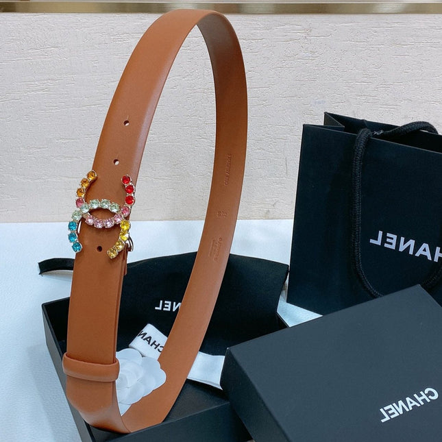 CC BELT 30 MM IN BRONZE BROWN CALFSKIN WITH COLORFUL RHINSTONES METAL LOGO