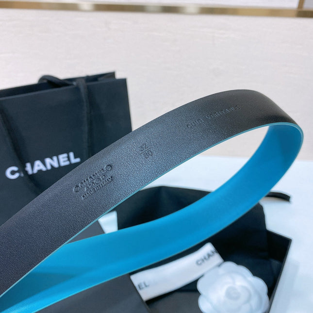 CC BELT 30 MM IN SKY BLUE CALFSKIN WITH COLORFUL RHINSTONES METAL LOGO