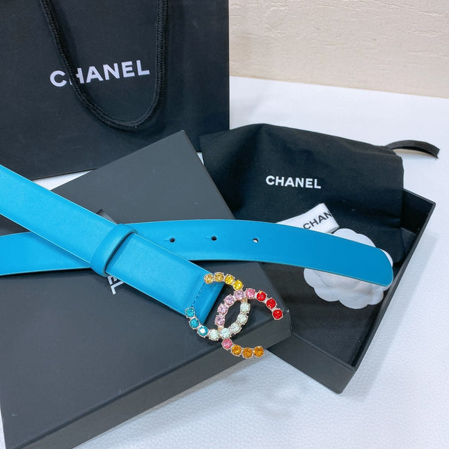 CC BELT 30 MM IN SKY BLUE CALFSKIN WITH COLORFUL RHINSTONES METAL LOGO