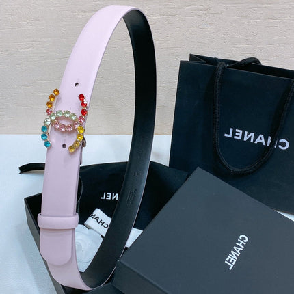 CC BELT 30 MM IN PASTEL PINK CALFSKIN WITH COLORFUL RHINSTONES METAL LOGO