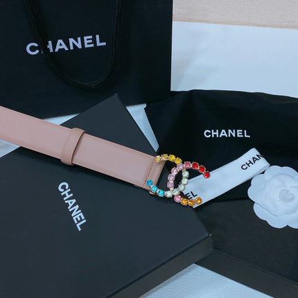 CC BELT 30 MM IN PEACHY PINK CALFSKIN WITH COLORFUL RHINSTONES METAL LOGO
