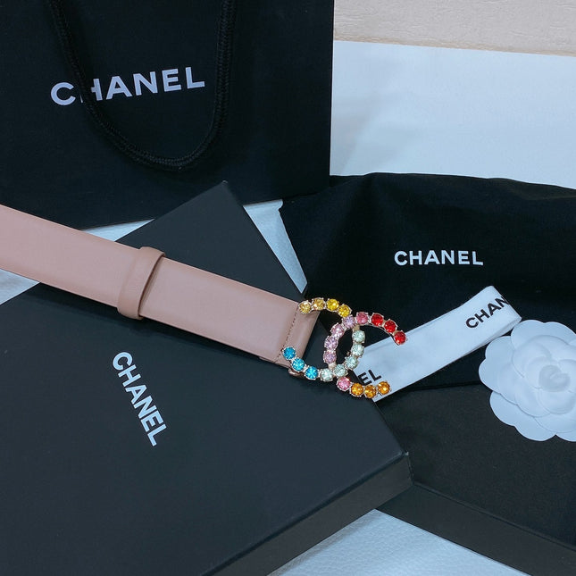CC BELT 30 MM IN PEACHY PINK CALFSKIN WITH COLORFUL RHINSTONES METAL LOGO